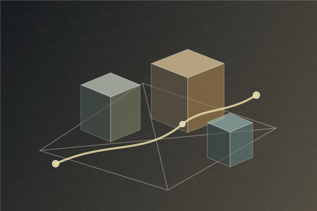 Architectural path model with luminous route lines through a compact space